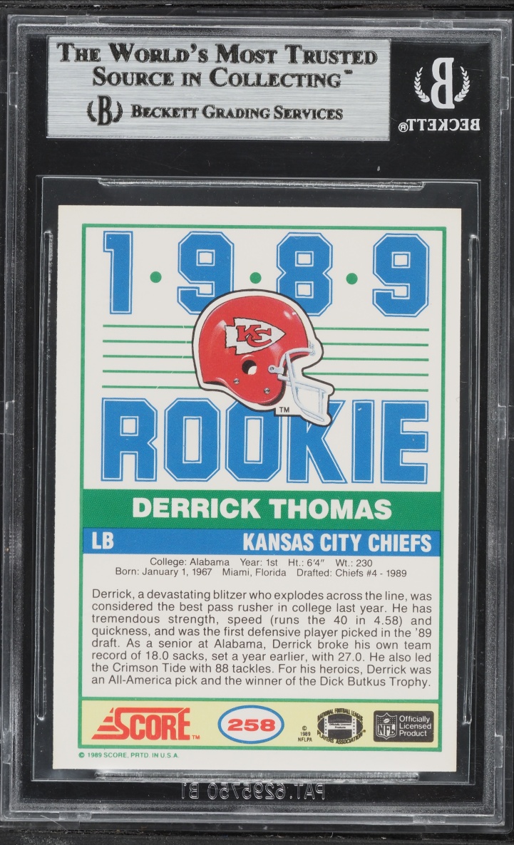 1989 Score Football Derrick Thomas ROOKIE #258 BGS 9 MINT