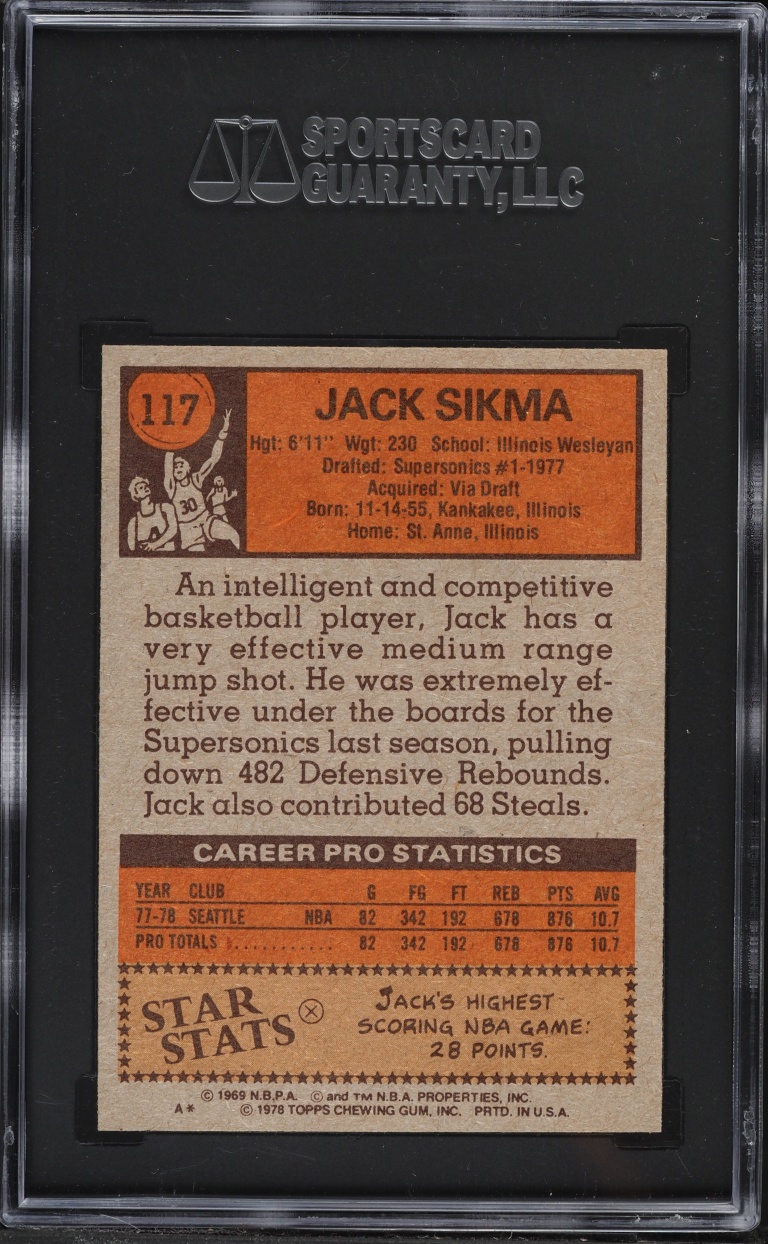 1978 Topps Basketball Jack Sikma #117 SGC 7 NRMT