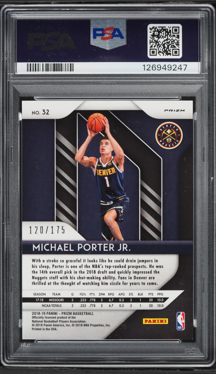 2018 Panini Prizm Fast Break Blue Michael Porter Jr. ROOKIE /175 #32 PSA 9 MINT