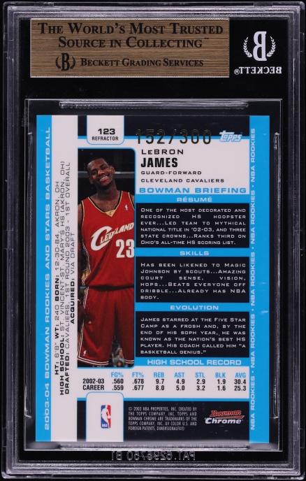 2003 Bowman Chrome Refractor LeBron James ROOKIE /300 #123 BGS 9.5 GEM MINT