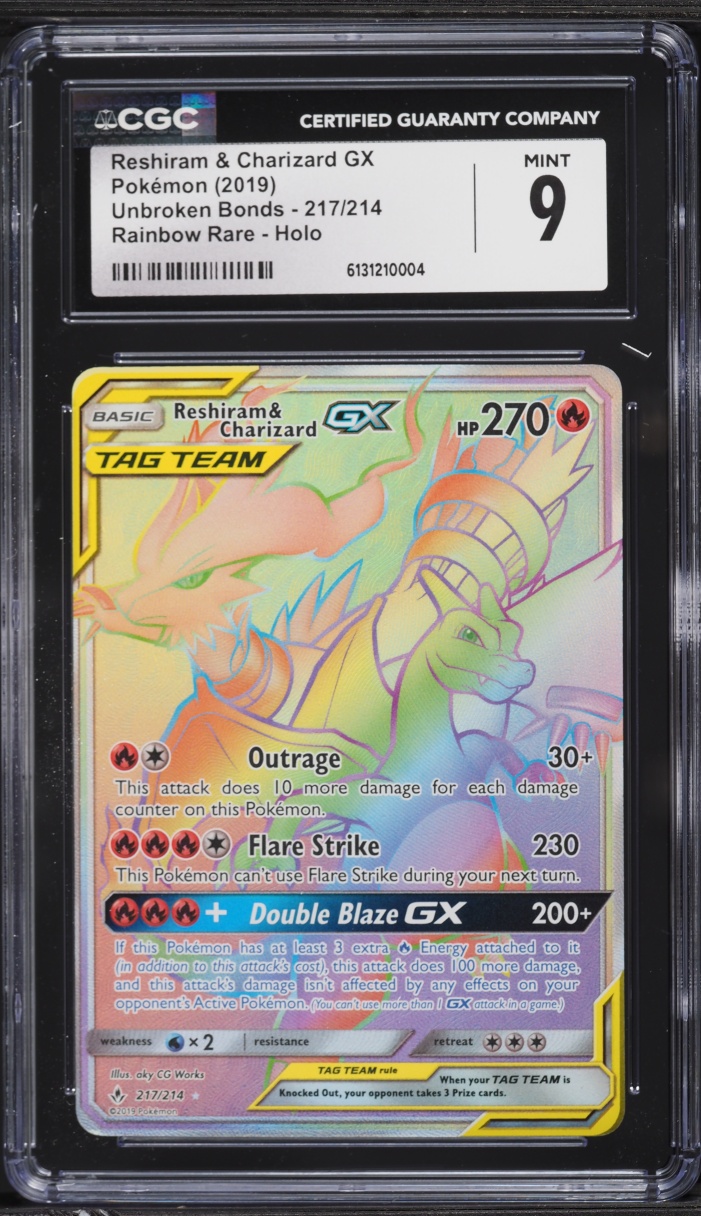 2019 Pokemon Sun & Moon Unbroken Bonds Rainbow Rare Reshiram & Charizard GX #217 CGC 9 MINT
