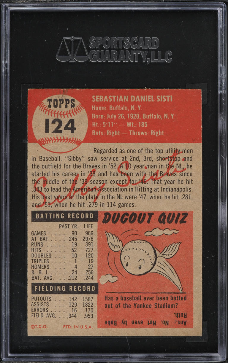 1953 Topps Sibby Sisti #124 SGC 6.5 EXMT+