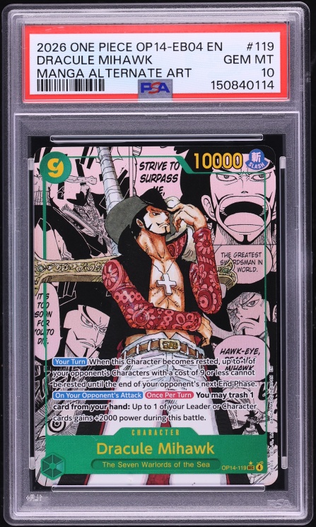 2026 One Piece The Azure Sea's Seven Manga Art Dracule Mihawk #OP14-119 PSA 10 GEM MINT