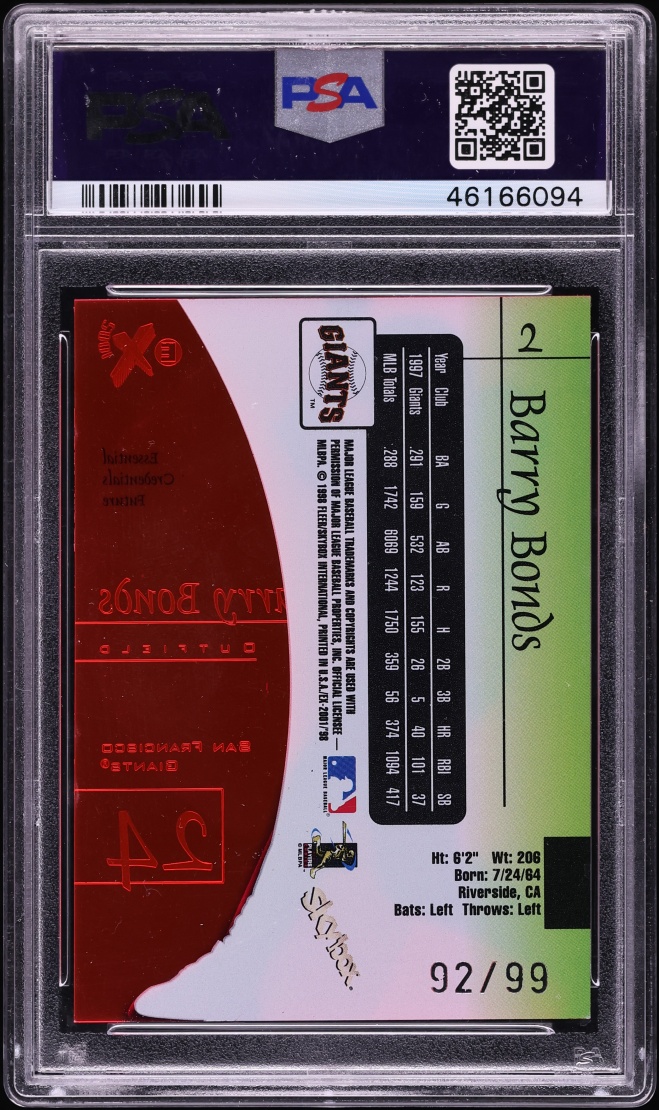 1998 Skybox E-X 2001 Essential Credentials Future Barry Bonds /99 #2 PSA 8 NM-MT - Photo 2