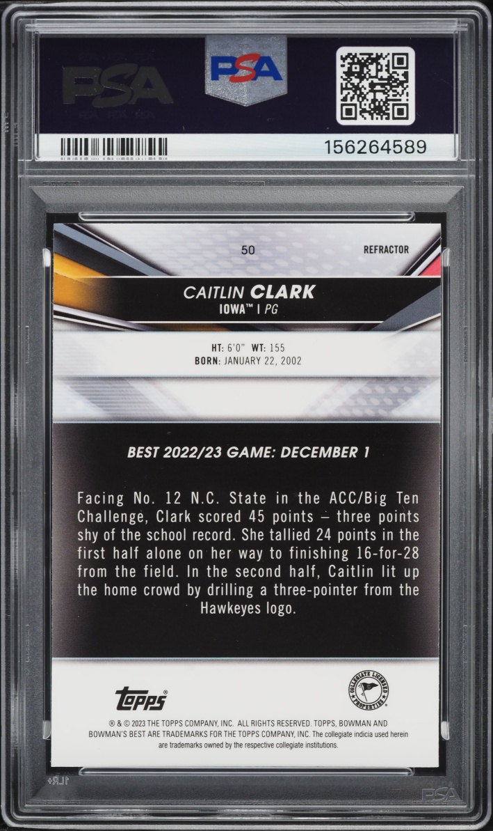 2022 Bowman University Best Refractor Caitlin Clark ROOKIE #50 PSA 8 NM-MT