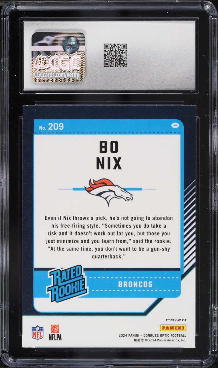 2024 Donruss Optic Holo Prizm Bo Nix ROOKIE #209 CGC 10 GEM MINT