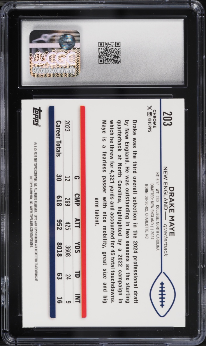 2024 Topps Chrome Drake Maye ROOKIE #203 CGC 10 GEM MINT