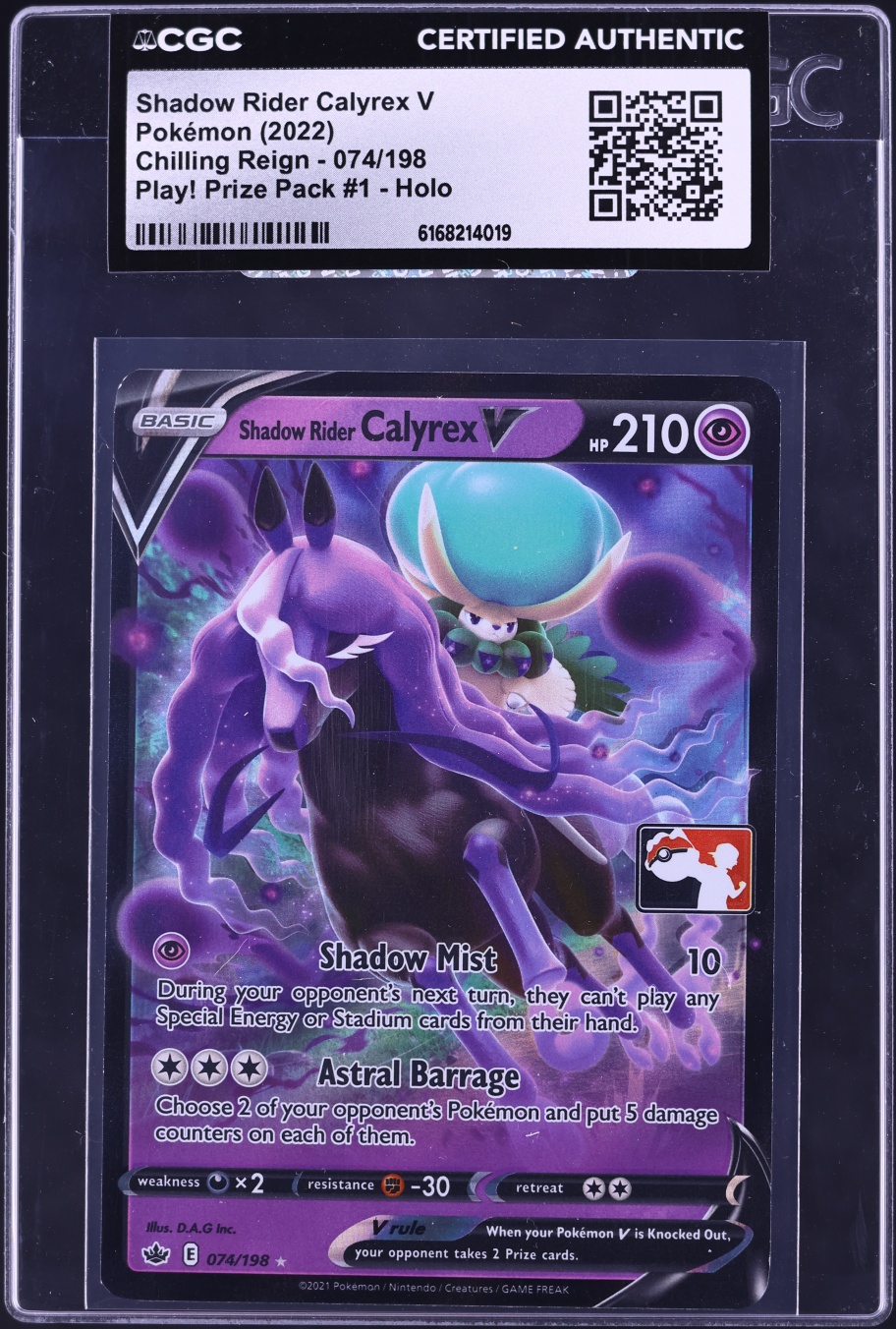 2022 Pokemon SWSH Chilling Reign Play! Prize Pack 1 Holo Shadow Rider Calyrex V #74 CGC AUTH