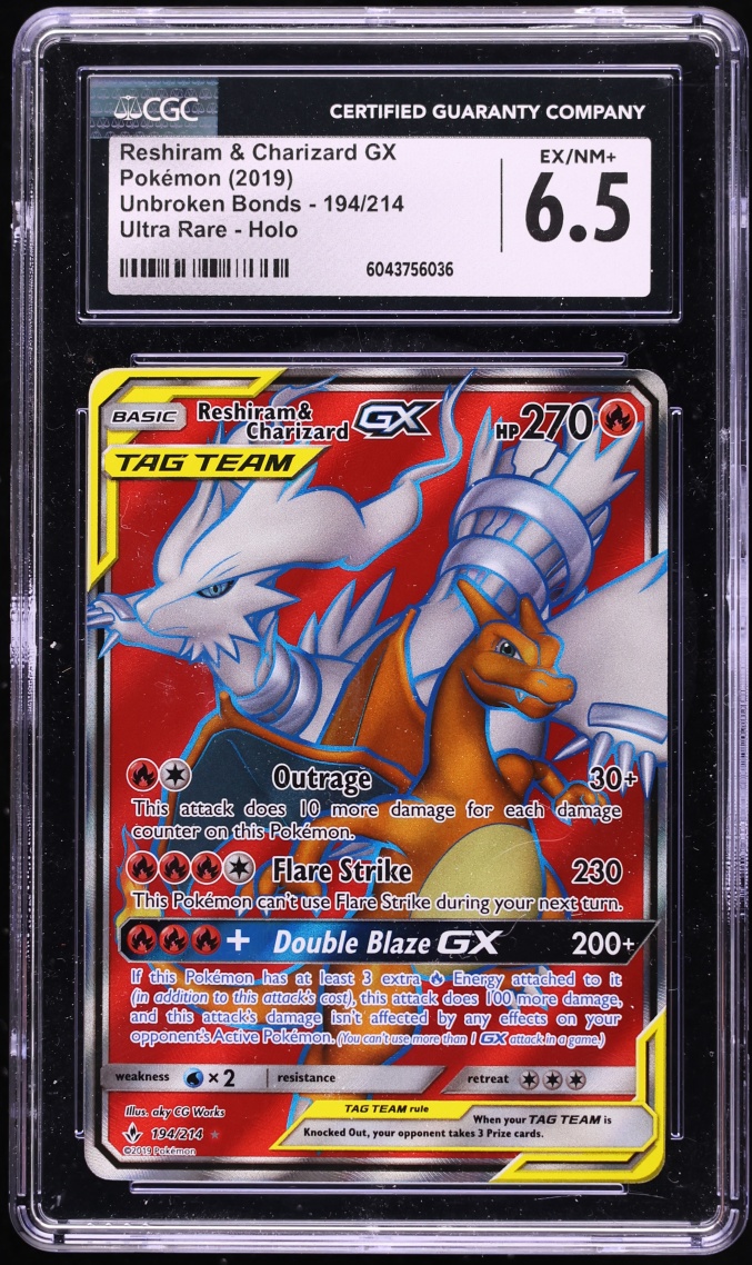 2019 Pokemon Sun & Moon Unbroken Bonds Full Art Reshiram & Charizard GX #194 CGC 6.5 EXMT+