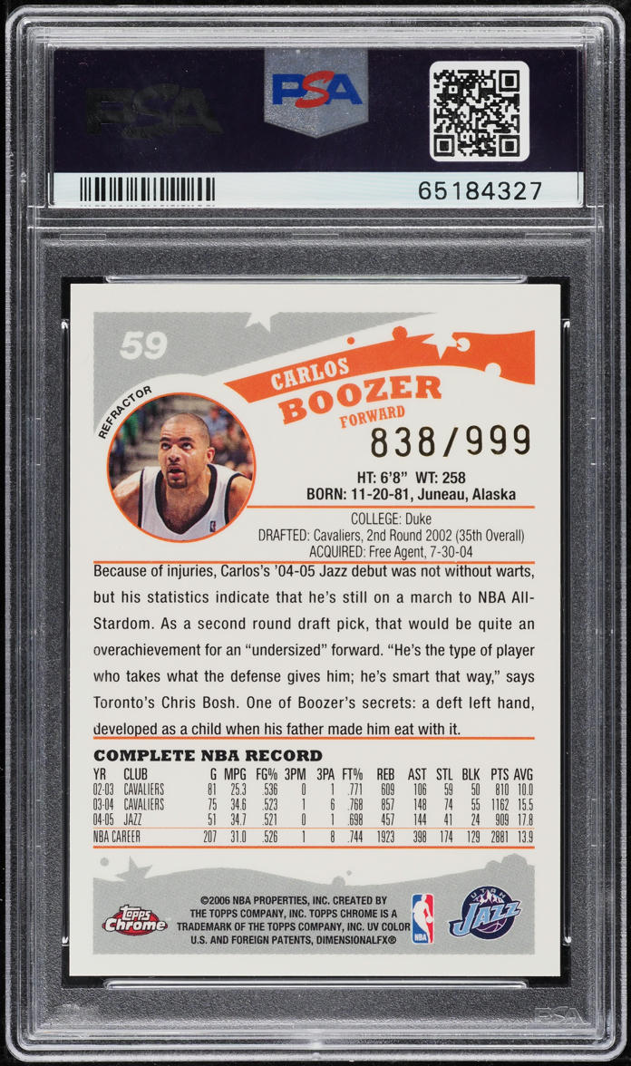 2005 Topps Chrome Refractor Carlos Boozer /999 #59 PSA 10 GEM MINT