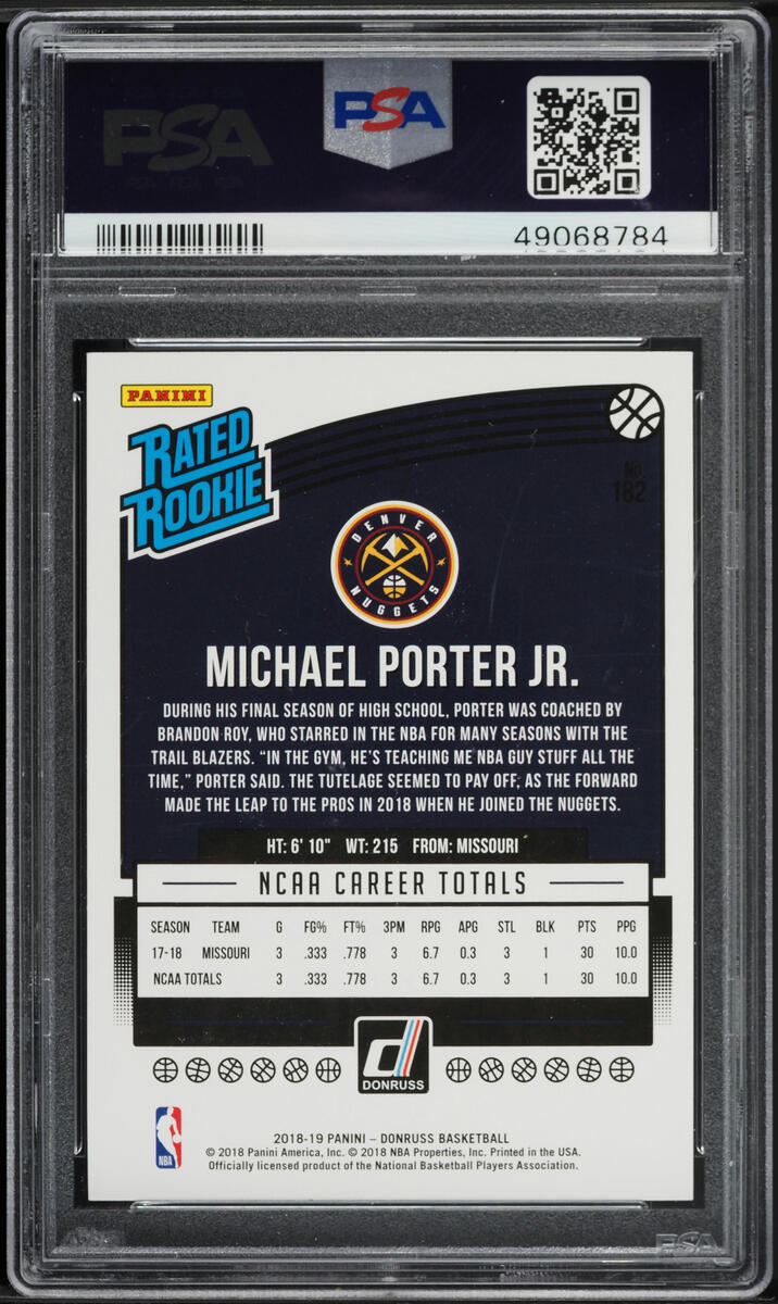 2018 Donruss Basketball Michael Porter Jr. ROOKIE #182 PSA 9 MINT