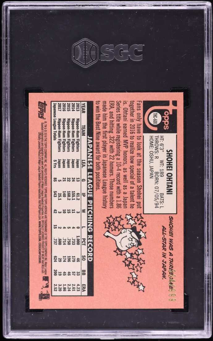 2018 Topps Heritage Chrome Shohei Ohtani ROOKIE /999 #THC-600 SGC 10 GEM MINT