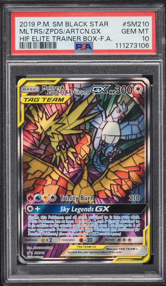 2019 Pokemon Sun & Moon Promo Hidden Fates Full Art Moltres & Zapdos & Articuno GX #210 PSA 10