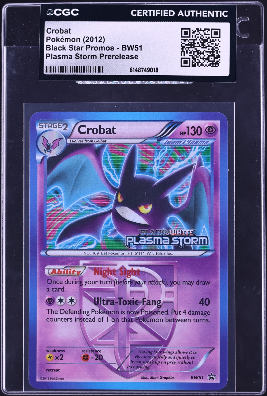 2012 Pokemon Black Star Promo Plasma Storm Prerelease Crobat #BW51 CGC AUTH