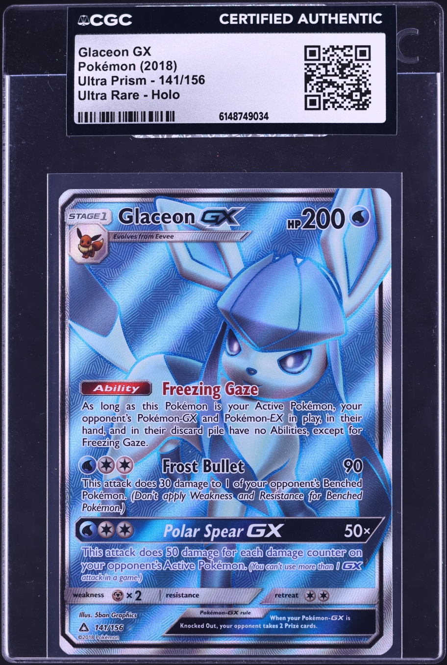 2018 Pokemon Sun & Moon Ultra Prism Full Art Glaceon GX #141 CGC AUTH