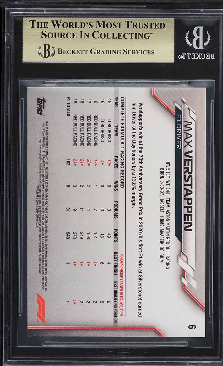 2020 Topps Chrome Formula 1 F1 Max Verstappen #6 BGS 9.5 GEM MINT
