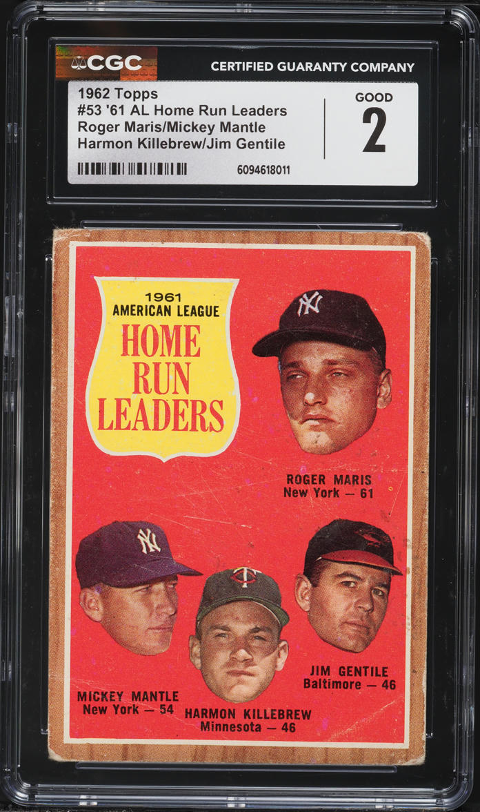 1962 Topps Roger Maris Mickey Mantle Harmon Killebrew Jim Gentile AL HR LEADERS #53 CGC 2 GD