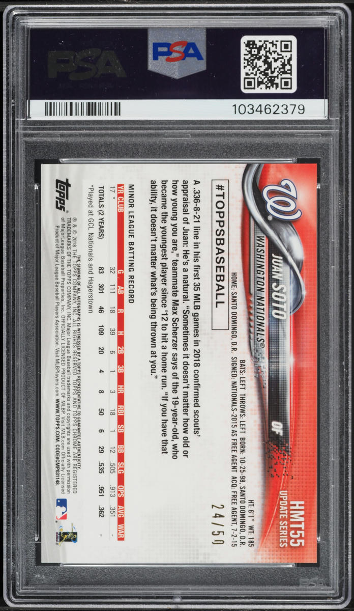 2018 Topps Chrome Update Gold Refractor Juan Soto ROOKIE AUTO DNA 10 /50 #HMT55 PSA 10 GEM MINT