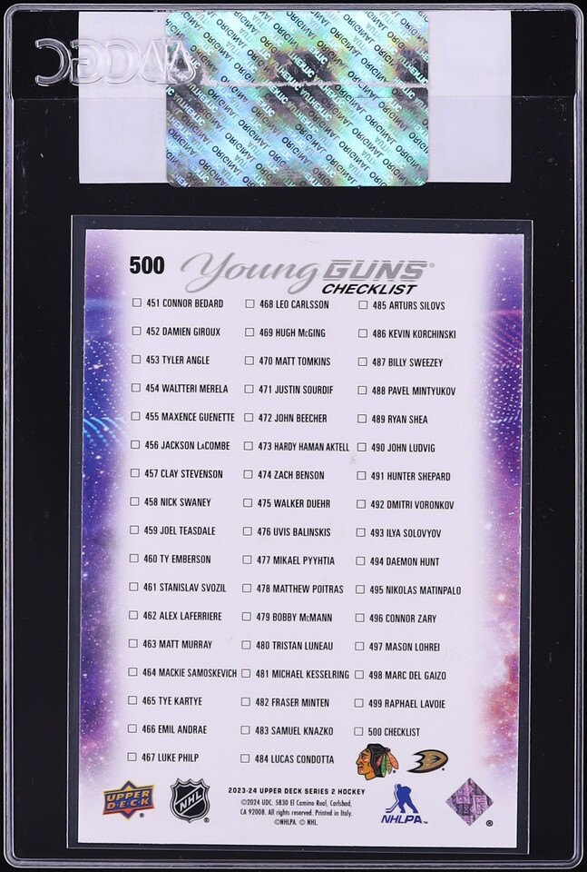 2023 Upper Deck Young Guns Checklist Connor Bedard Leo Carlsson ROOKIE #500 CGC AUTH