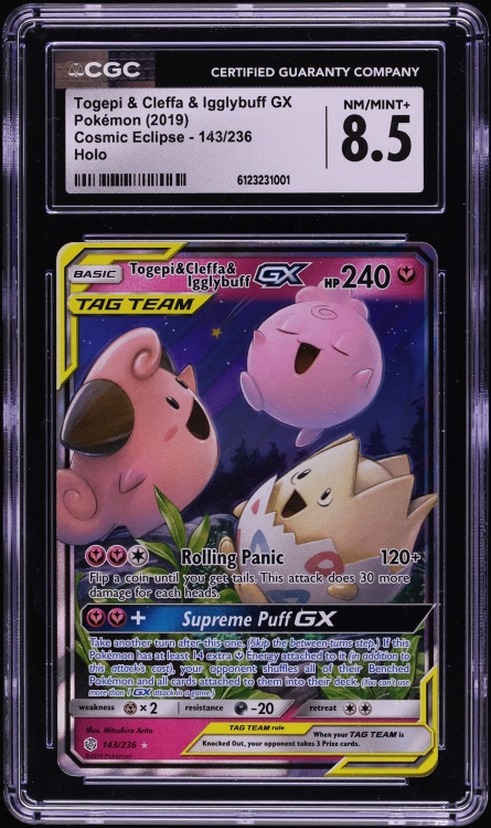 2019 Pokemon Sun & Moon Cosmic Eclipse Togepi & Cleffa & Igglybuff GX #143 CGC 8.5 NM-MT+