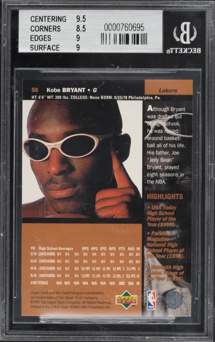 1996 Upper Deck Basketball Kobe Bryant ROOKIE #58 BGS 9 MINT