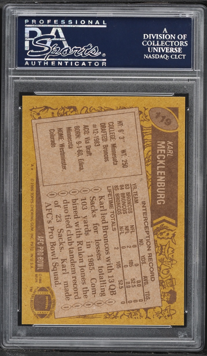 1986 Topps Football Karl Mecklenburg ROOKIE #119 PSA 8.5 NM-MT+