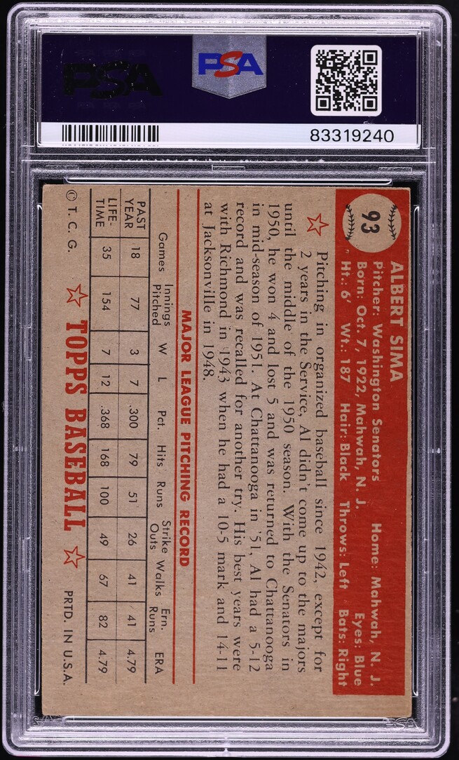 1952 Topps Al Sima #93 PSA 3 VG