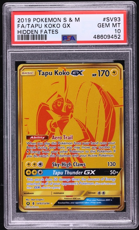 2019 Pokemon Sun & Moon Hidden Fates Gold Rare Tapu Koko GX #SV93 PSA 10 GEM MINT