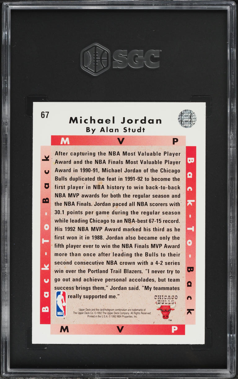 1992 Upper Deck Basketball MVP Michael Jordan #67 SGC 8 NM-MT