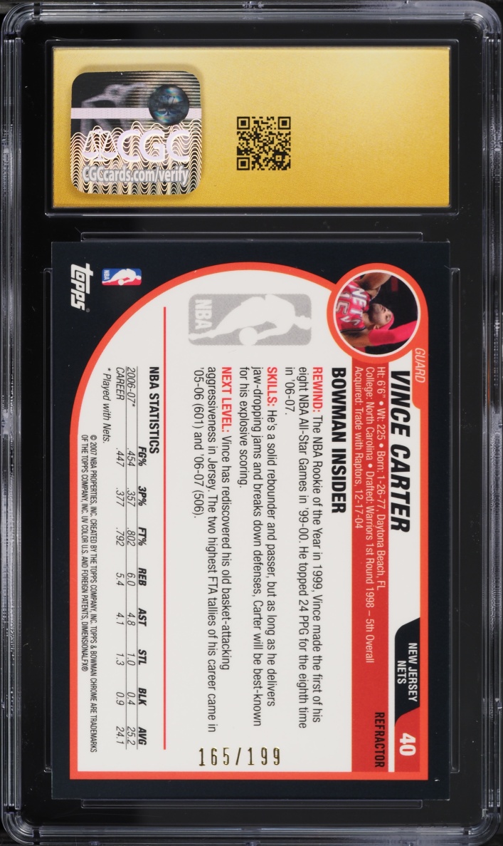 2007 Bowman Chrome Black Refractor Vince Carter /199 #40 CGC 10 PRISTINE