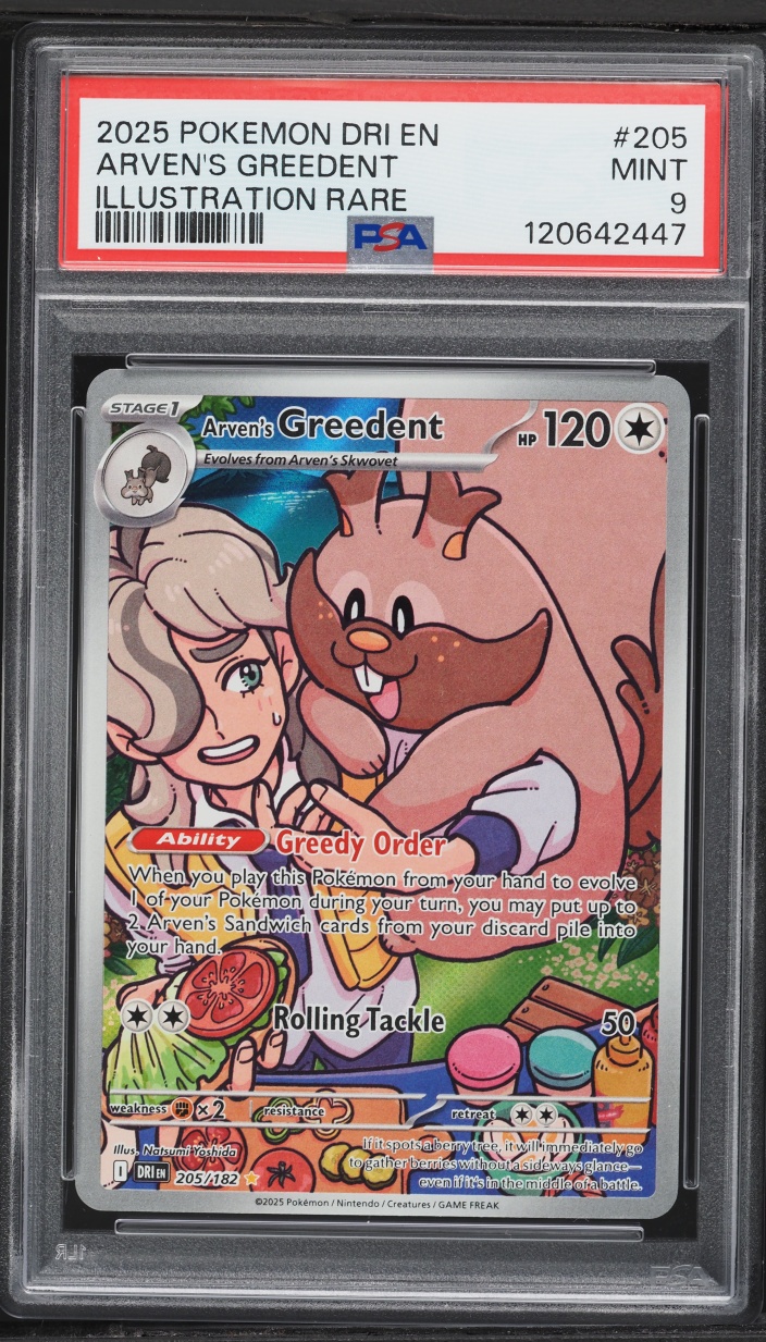 2025 Pokemon Scarlet & Violet Destined Rivals IR Arven's Greedent #205 PSA 9 MINT