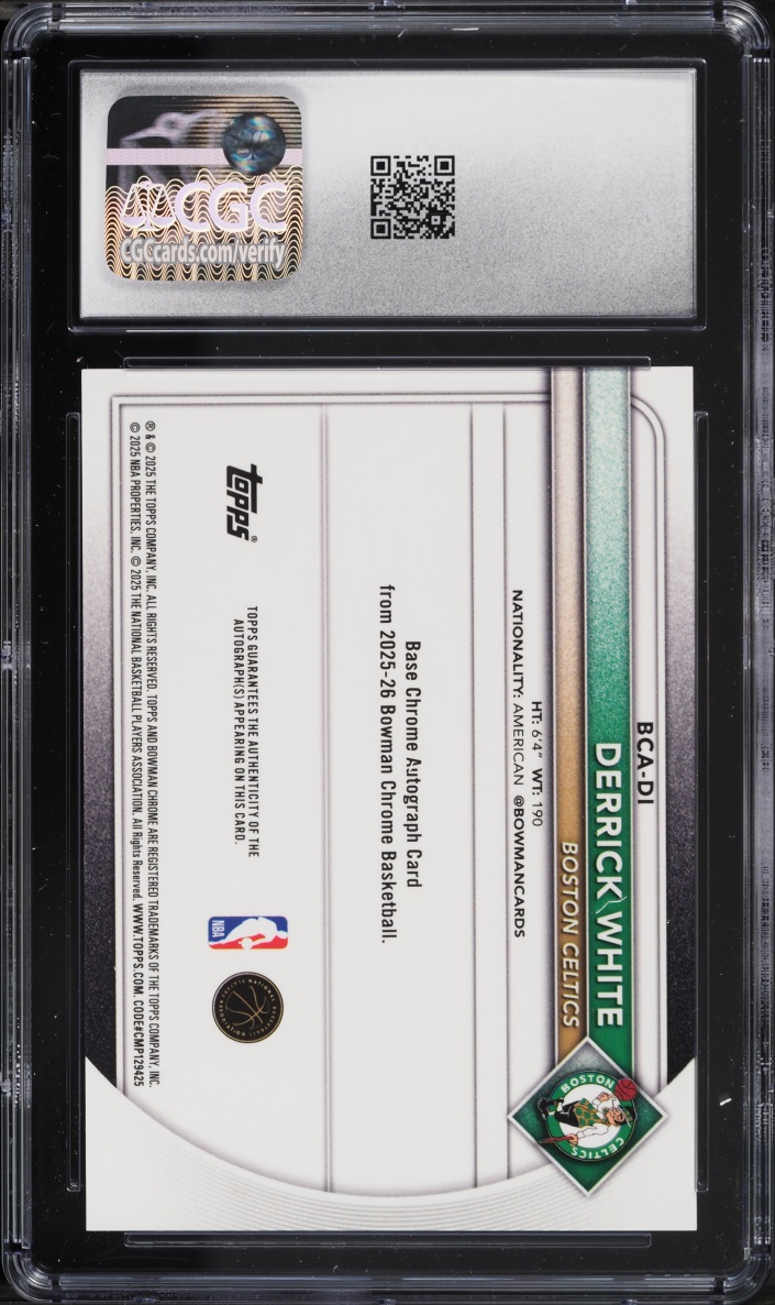 2025 Bowman Chrome Gold Refractor Derrick White AUTO /50 #BCA-DI CGC 10 GEM MINT