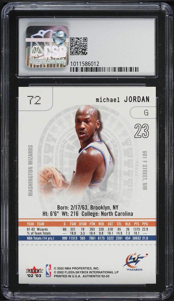 2002 Fleer Authentix Michael Jordan #72 CSG 9 MINT