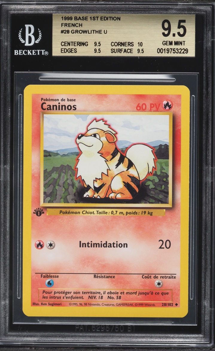 1999 Pokemon French Base 1st Edition Growlithe #28 BGS 9.5 GEM MINT
