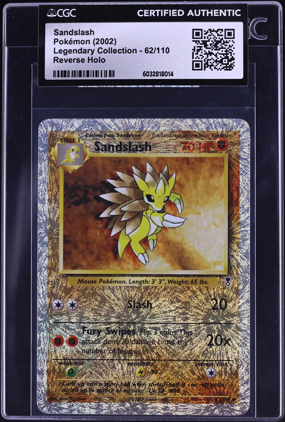2002 Pokemon Legendary Collection Reverse Holo Sandslash #62 CGC AUTH
