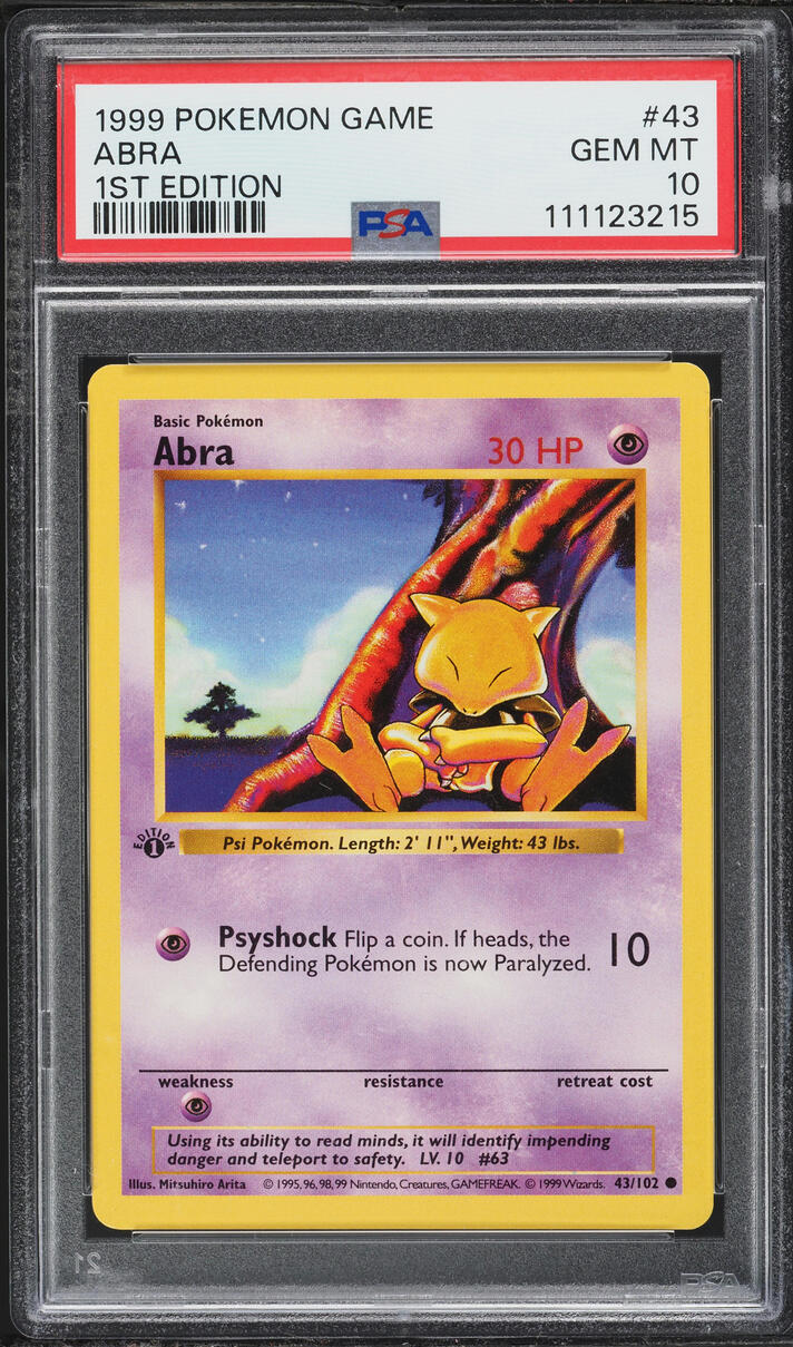 1999 Pokemon Base Set Shadowless 1st Edition Abra #43 PSA 10 GEM MINT