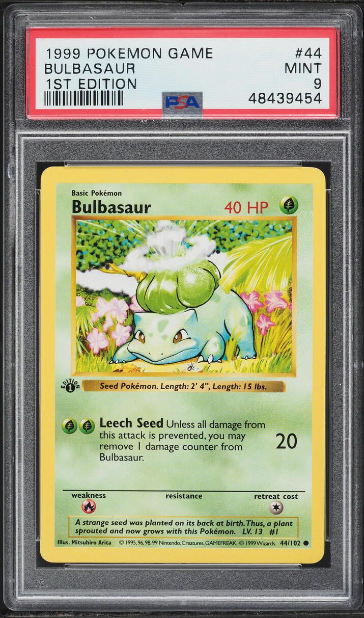 1999 Pokemon Base Set Shadowless 1st Edition Bulbasaur #44 PSA 9 MINT