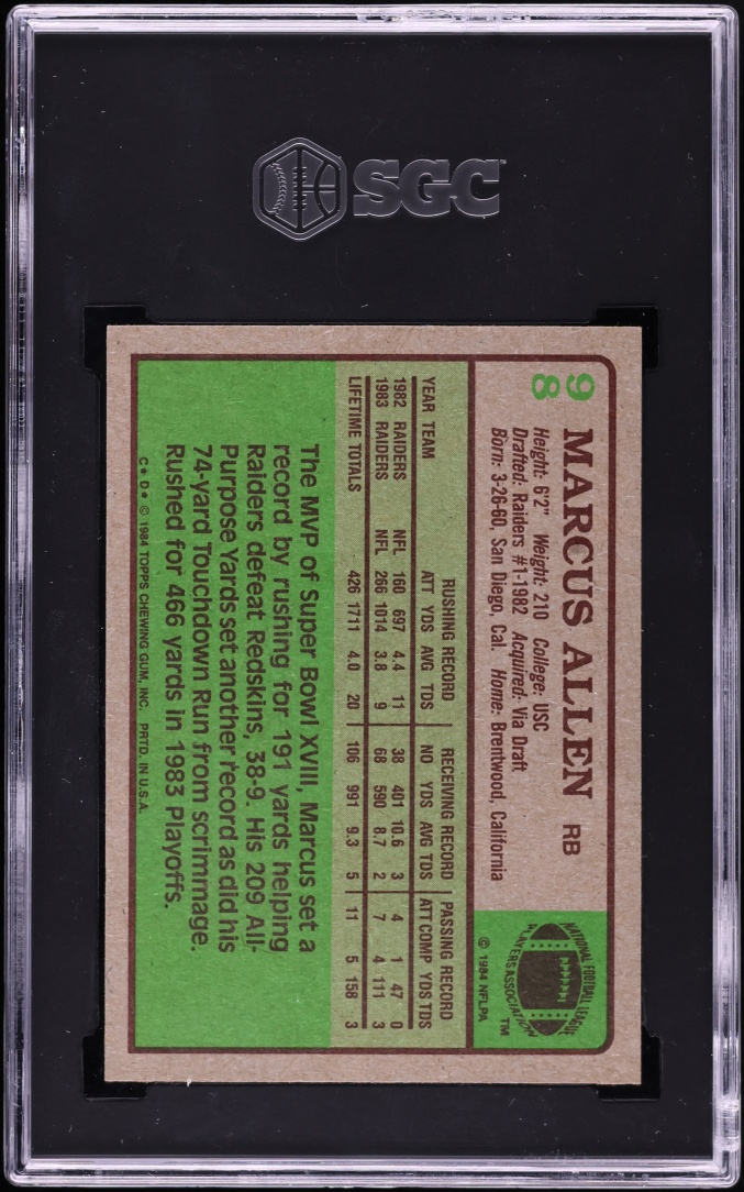 1984 Topps Football Marcus Allen #98 SGC 8 NM-MT