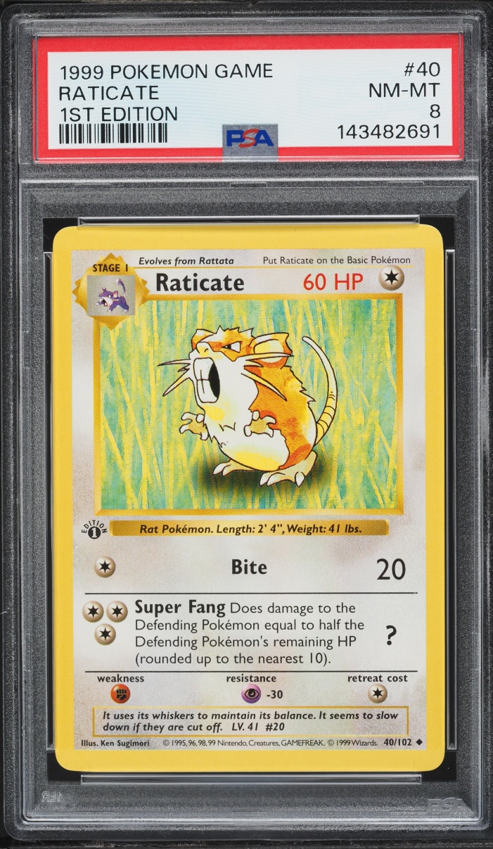 1999 Pokemon Base Set Holo Shadowless 1st Edition Raticate #40 PSA 8 NM-MT