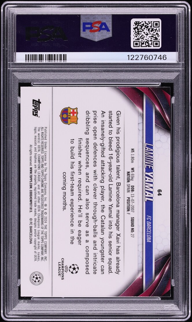 2023 Topps Chrome UEFA CC Violet Speckle Refractor Lamine Yamal ROOKIE /299 #64 PSA 10 GEM MINT