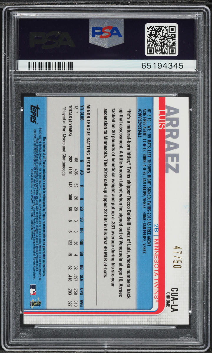 2019 Topps Chrome Update Gold Refractor Luis Arraez ROOKIE AUTO /50 PSA 10