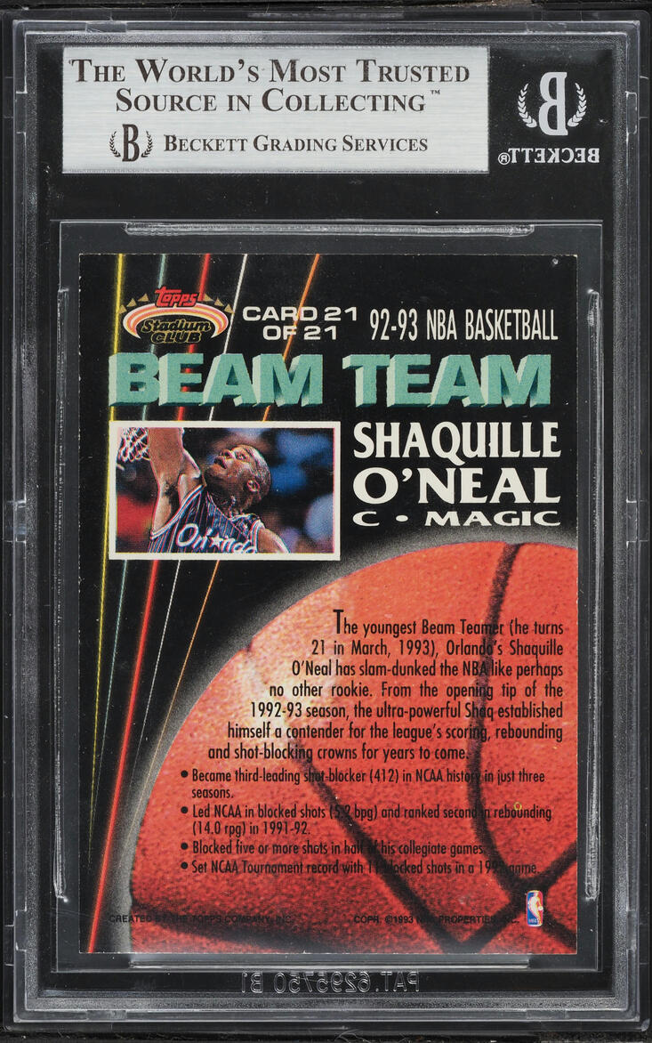 1992 Stadium Club Beam Team Members Only Shaquille O'Neal ROOKIE #21 BGS 9 MINT