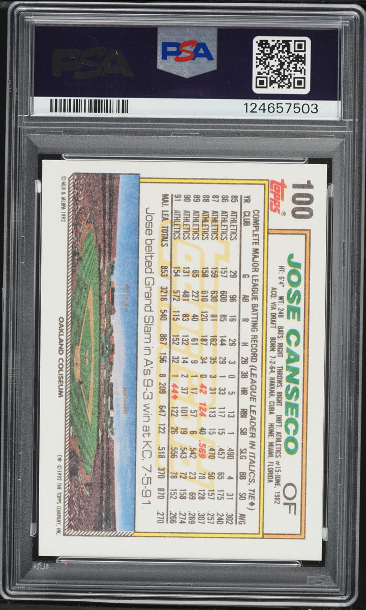 1992 Topps Gold Jose Canseco #100 PSA 10 GEM MINT