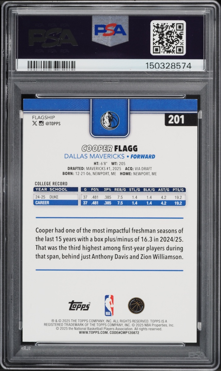 2025 Topps Basketball Cooper Flagg ROOKIE #201 PSA 8.5 NM-MT+