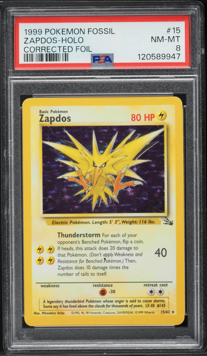 1999 Pokemon Fossil Corrected Holo Zapdos #15 PSA 8 NM-MT