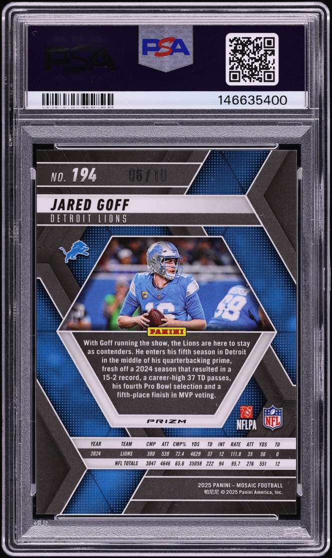 2025 Panini Mosaic Gold Jared Goff /10 #194 PSA 10 GEM MINT - Photo 2