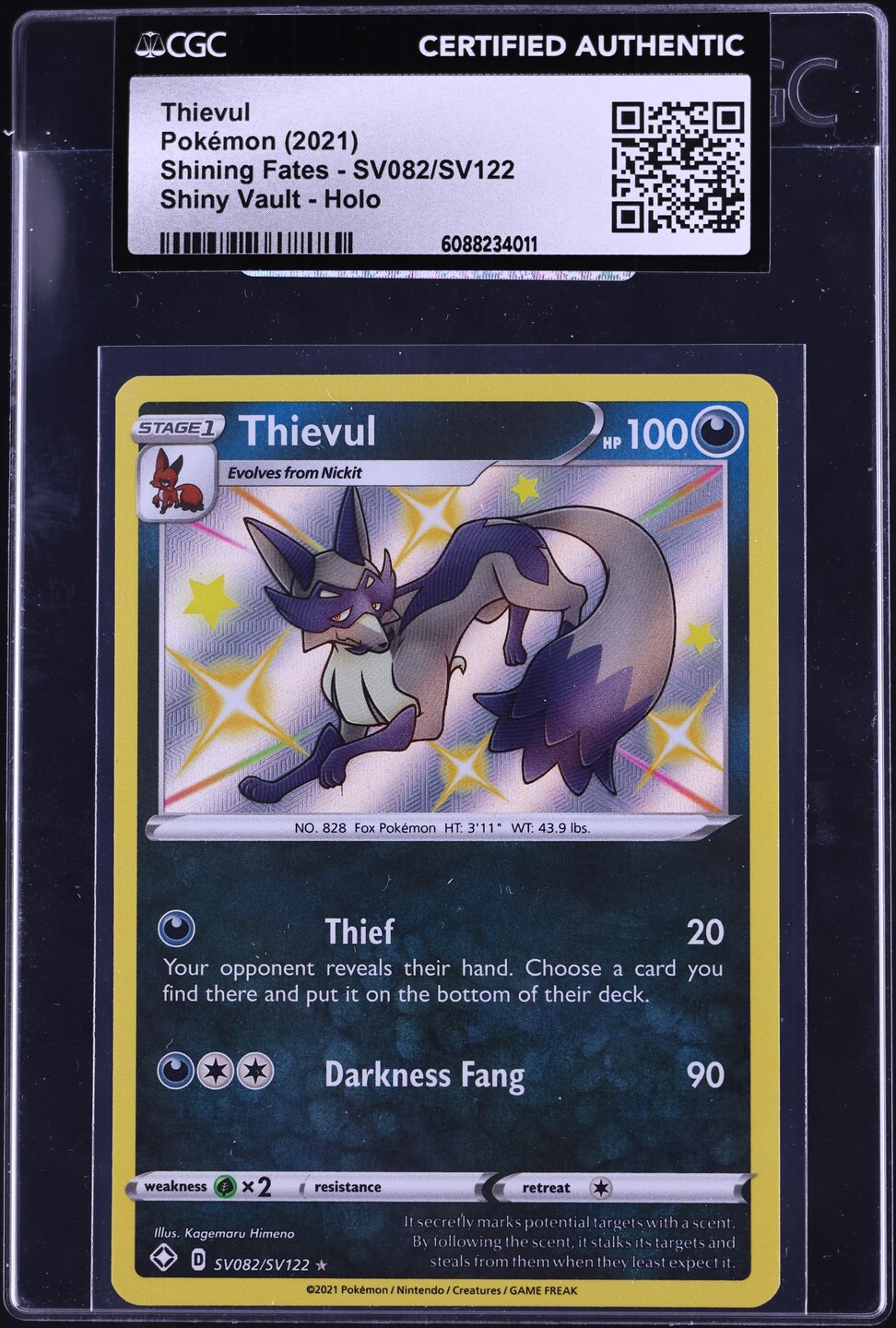 2021 Pokemon Sword & Shield Shining Fates Shiny Thievul #SV082 CGC AUTH