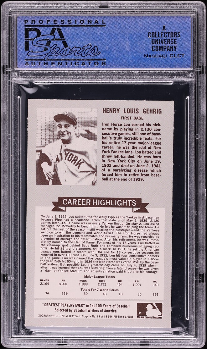 1970 Rold Gold Pretzels All Time Greats Lou Gehrig #13 PSA 9 MINT