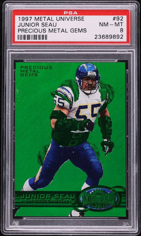 1997 Metal Universe Precious Metal Gems PMG Green Junior Seau /150 #92 PSA 8