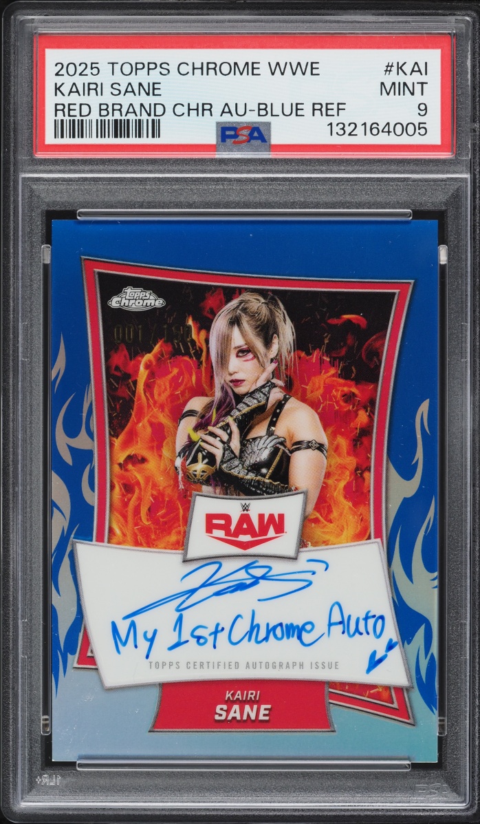 2025 Topps Chrome WWE Red Brand Blue Refractor Kairi Sane AUTO 1/150 #RBA-KAI PSA 9 MINT
